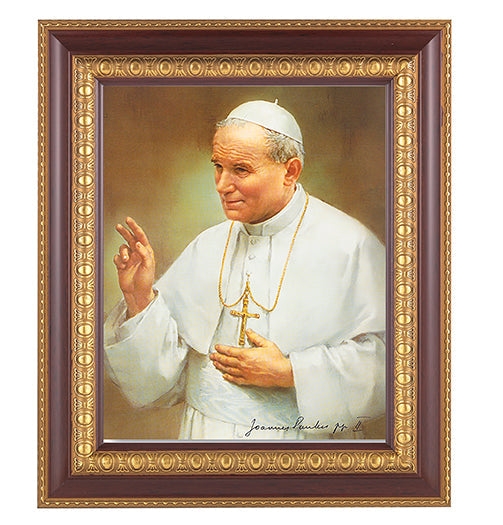 St. Pope John Paul II Picture Framed Wall Art Decor, Large, Dark Cherry with Gold Egg and Dart Detailed Frame
