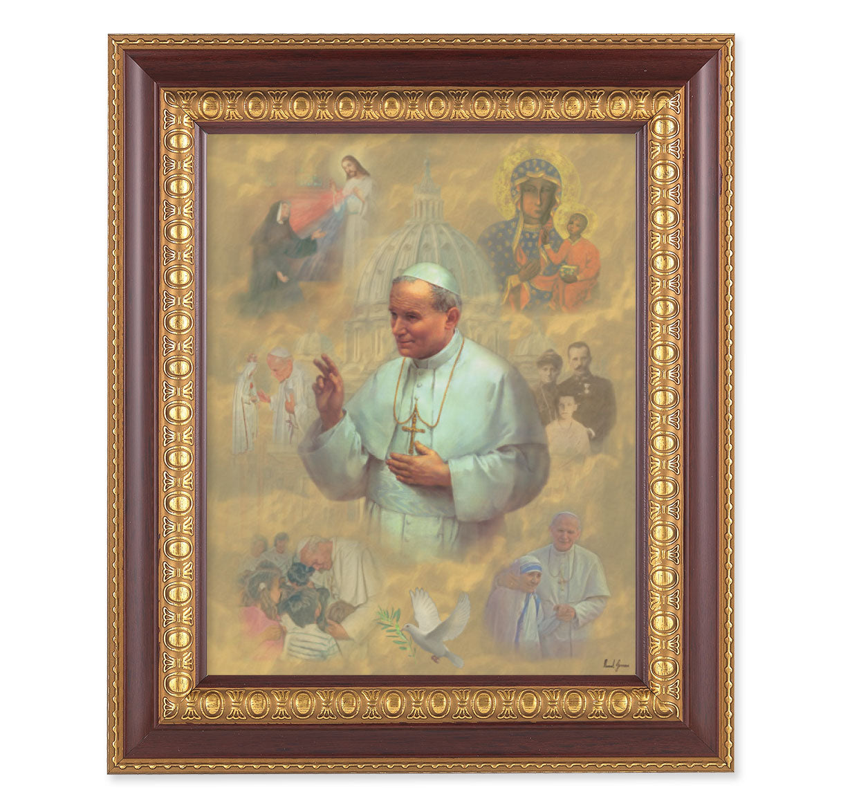 St. Pope John Paul II Picture Framed Wall Art Decor, Large, Dark Cherry with Gold Egg and Dart Detailed Frame