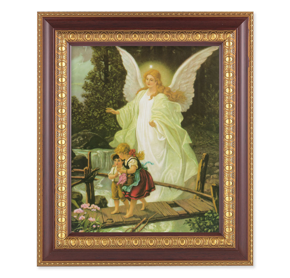 Guardian Angel Picture Framed Wall Art Decor, Large, Dark Cherry with Gold Egg and Dart Detailed Frame