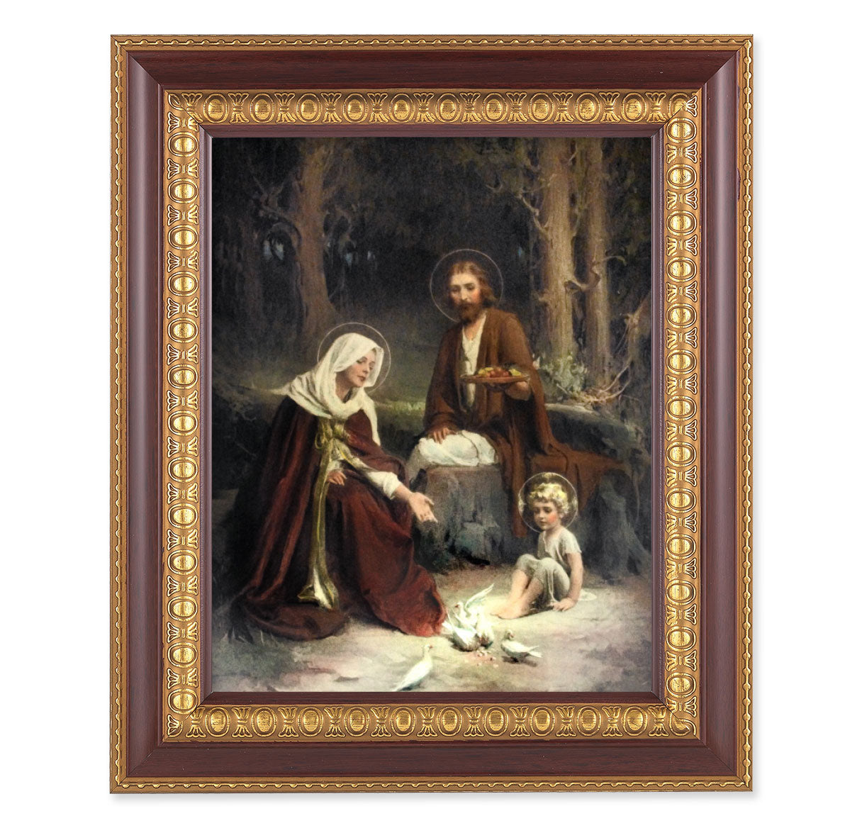 Holy Family Picture Framed Wall Art Decor, Large, Dark Cherry with Gold Egg and Dart Detailed Frame