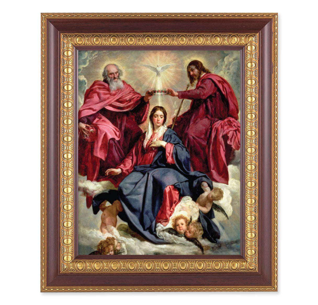 Crowning of Mary Picture Framed Wall Art Decor Large, Dark Cherry with Gold Egg and Dart Detailed Frame