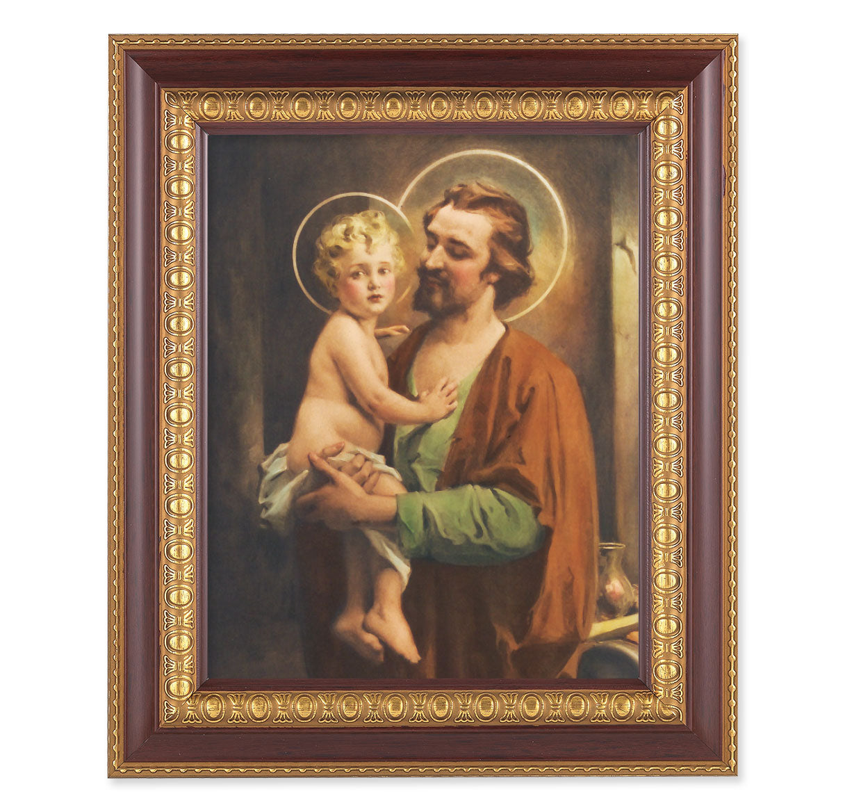St. Joseph with Jesus Picture Framed Wall Art Decor Large, Dark Cherry with Gold Egg and Dart Detailed Frame