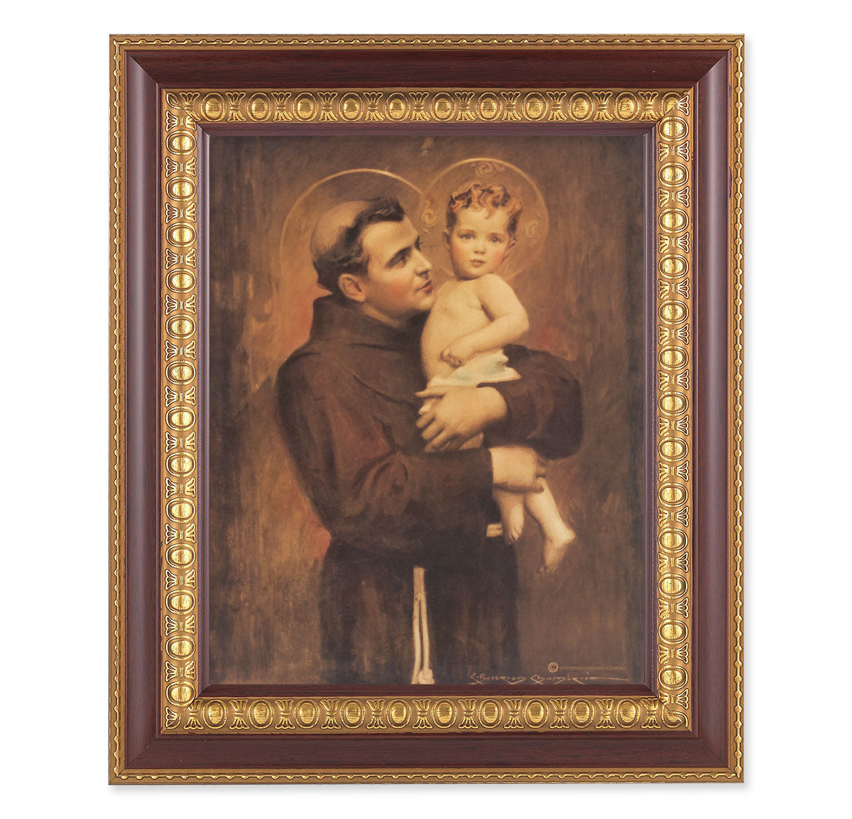 St. Antony with Jesus Picture Framed Wall Art Decor Large, Dark Cherry with Gold Egg and Dart Detailed Frame