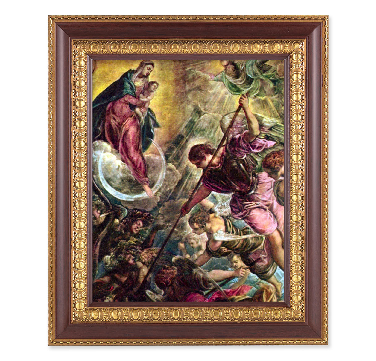Battle of Archangel St. Michael Picture Framed Wall Art Decor Large, Dark Cherry with Gold Egg and Dart Detailed Frame