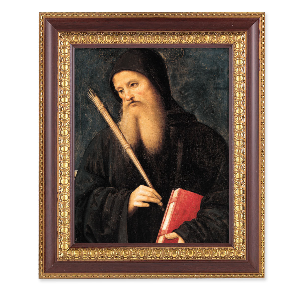 St. Benedict Picture Framed Wall Art Decor Large, Dark Cherry with Gold Egg and Dart Detailed Frame