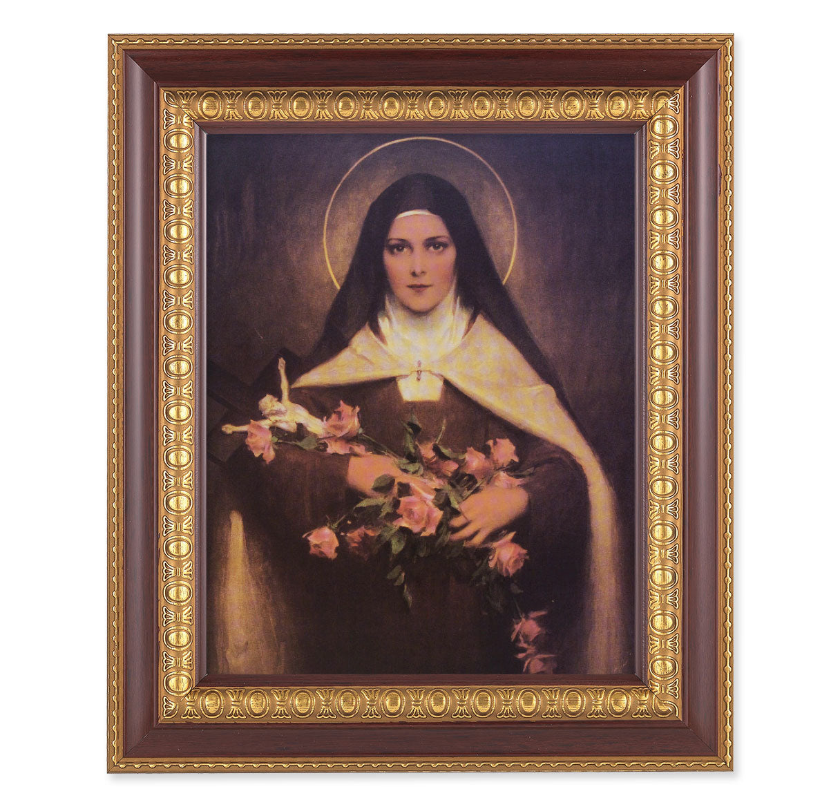St. Therese Picture Framed Wall Art Decor, Large, Dark Cherry with Gold Egg and Dart Detailed Frame