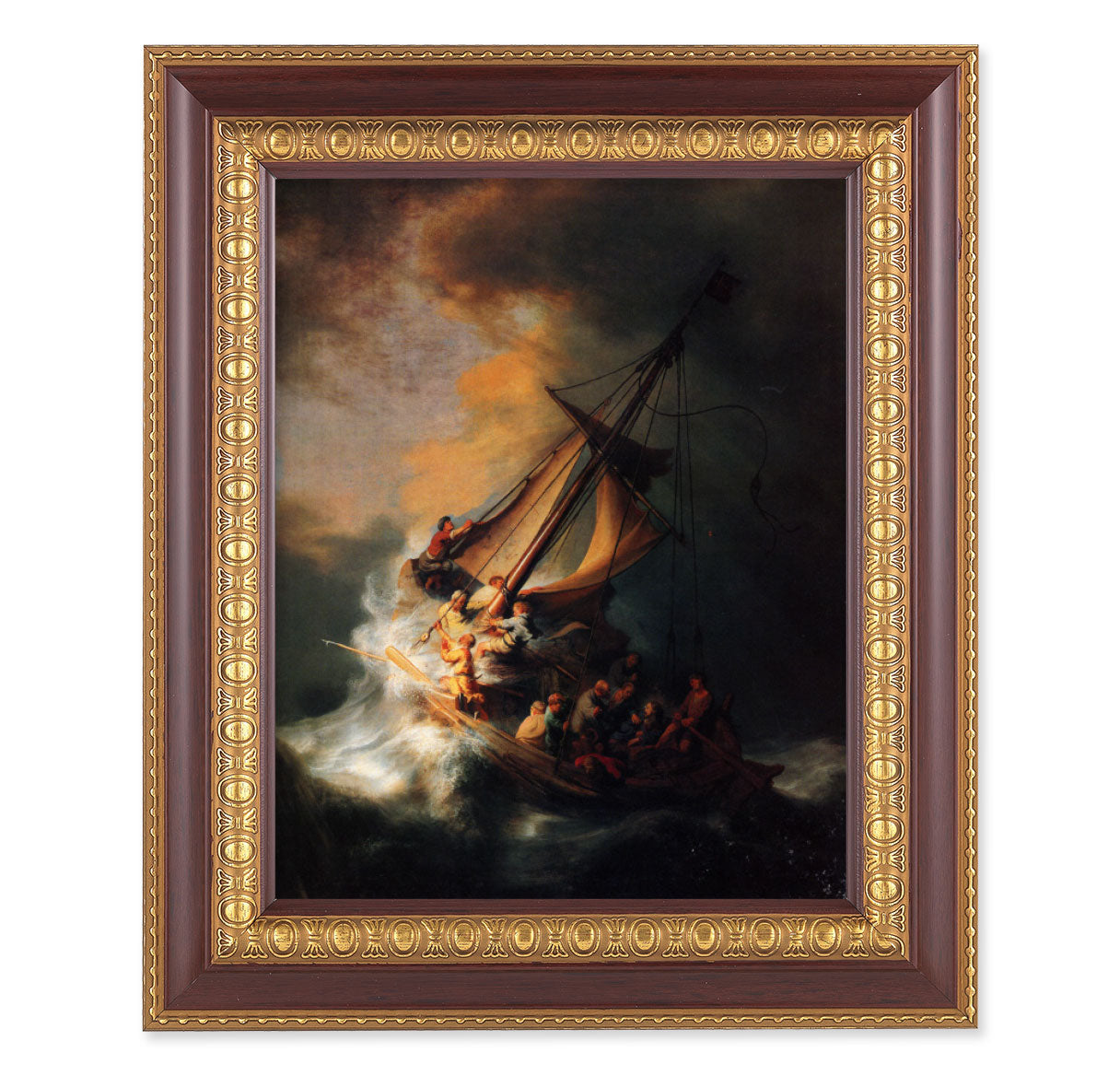The Storm on the Sea of Galilee Picture Framed Wall Art Decor Large, Dark Cherry with Gold Egg and Dart Detailed Frame