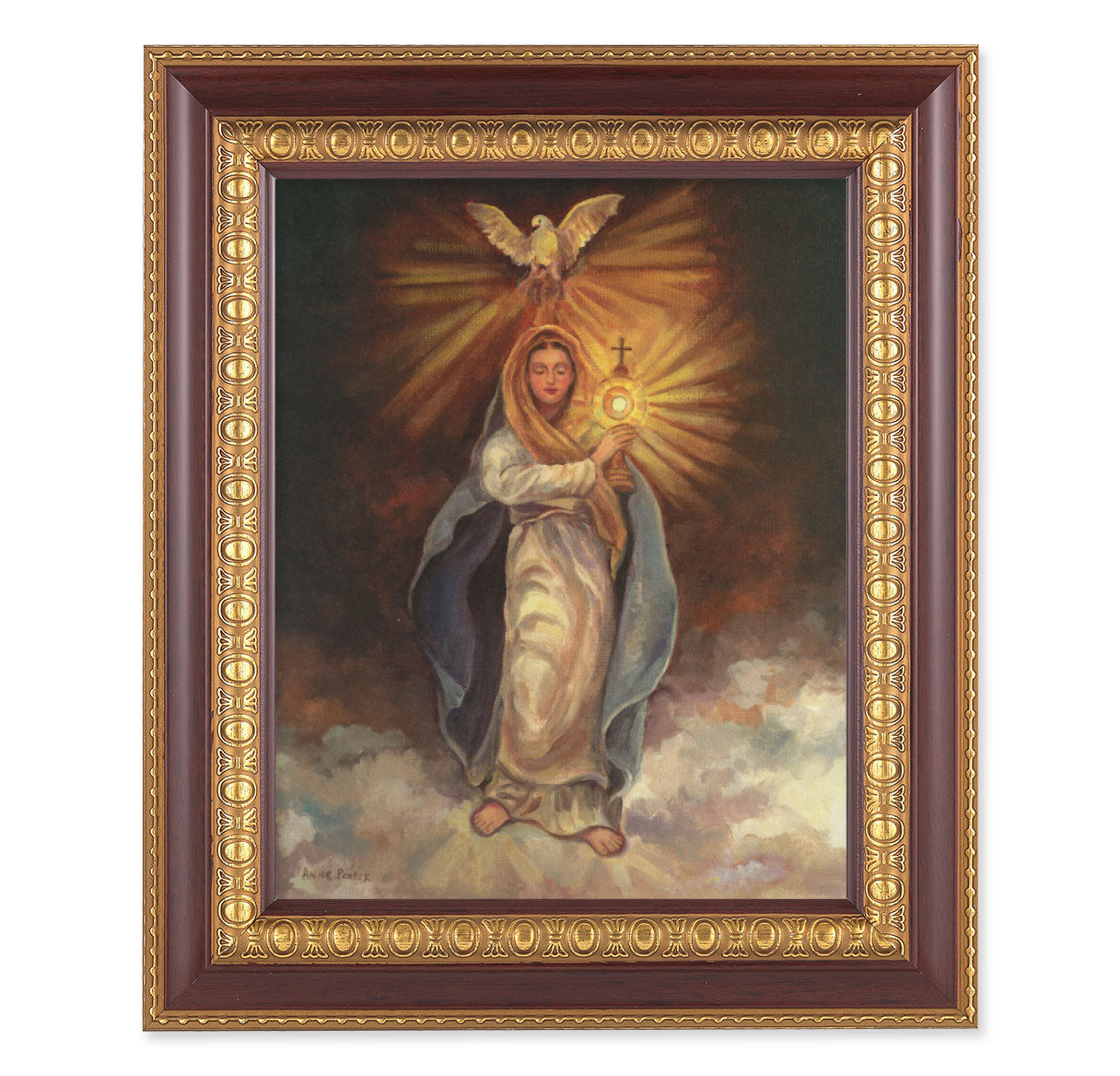 Mary with Monstrance Picture Framed Wall Art Decor Large, Dark Cherry with Gold Egg and Dart Detailed Frame
