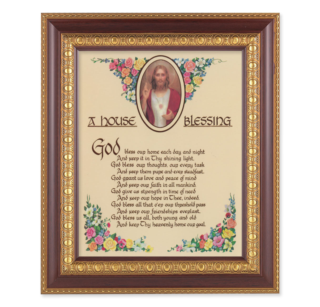 House Blessing Picture Framed Wall Art Decor, Large, Dark Cherry with Gold Egg and Dart Detailed Frame