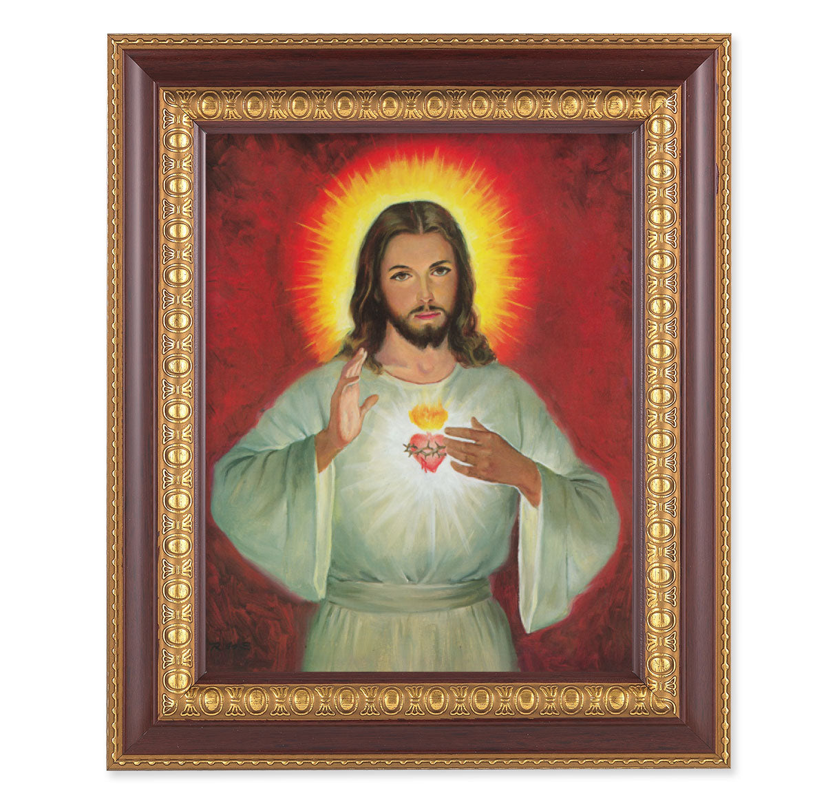 Sacred Heart of Jesus Picture Framed Wall Art Decor, Large, Dark Cherry with Gold Egg and Dart Detailed Frame