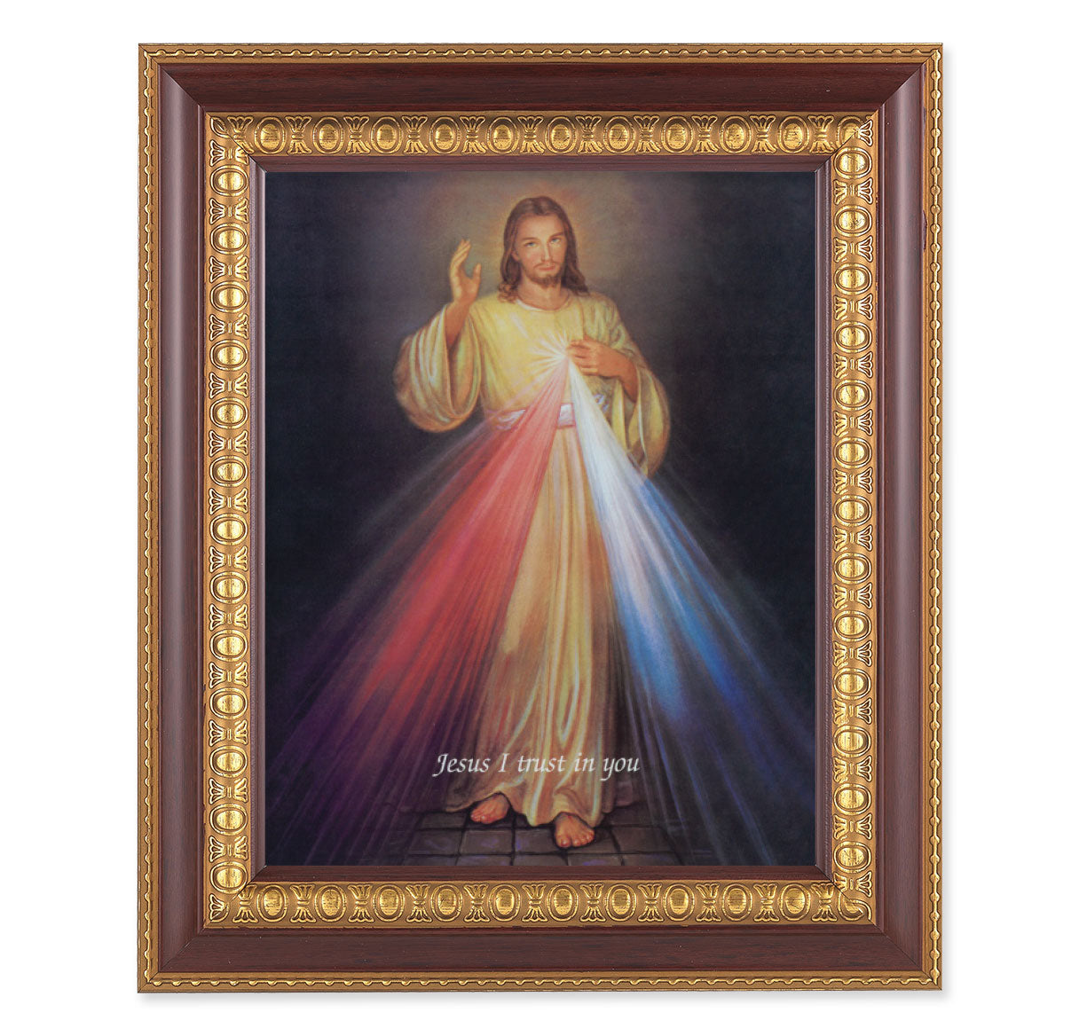 Divine Mercy Picture Framed Wall Art Decor, Large, Dark Cherry with Gold Egg and Dart Detailed Frame