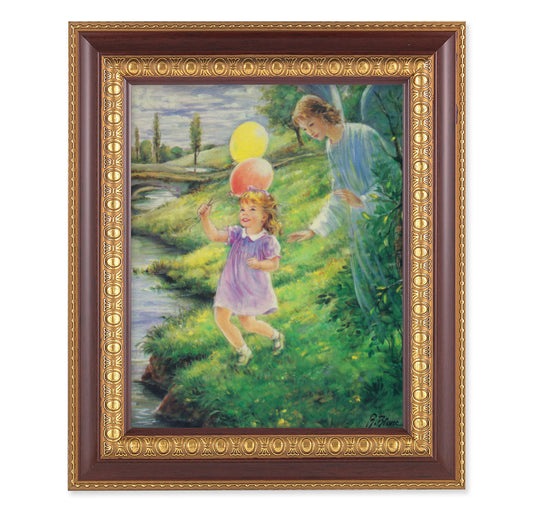 Guardian Angel with Girl Picture Framed Wall Art Decor Large, Dark Cherry with Gold Egg and Dart Detailed Frame