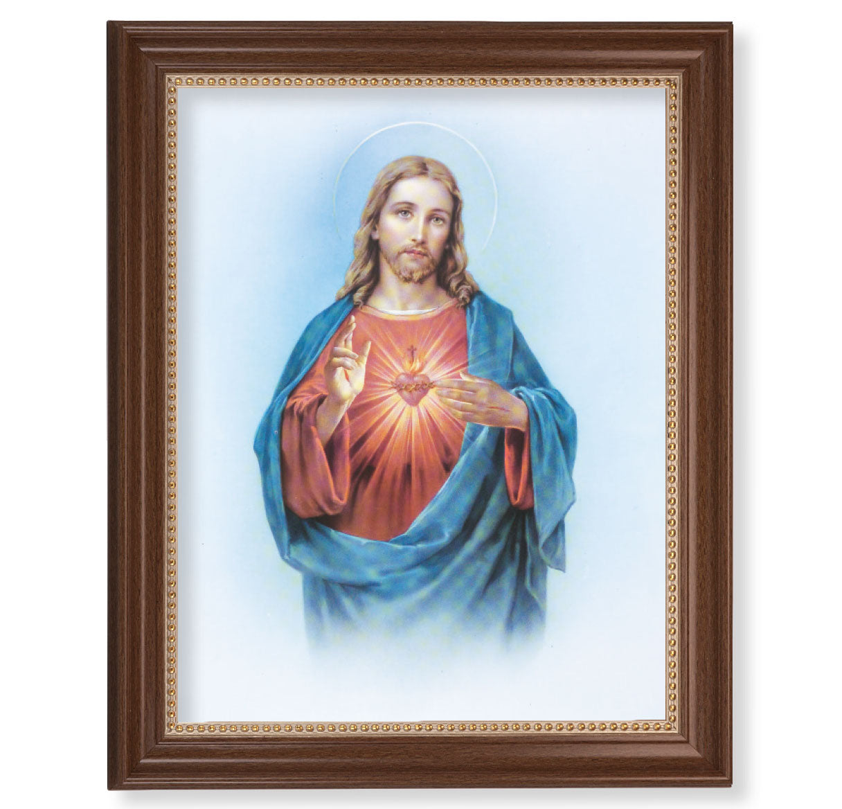 Sacred Heart of Jesus Picture Framed Wall Art Decor Extra Large Dark Walnut Frame Gold Beaded Lip