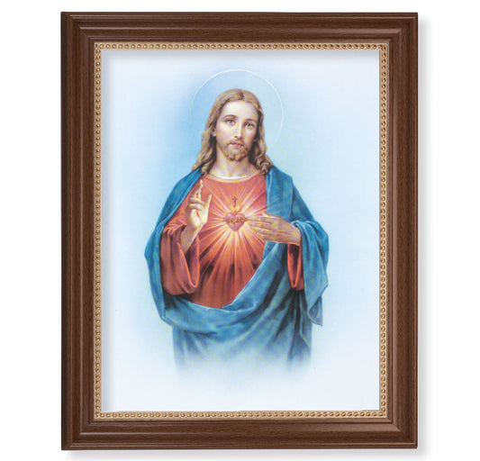 Sacred Heart of Jesus Picture Framed Wall Art Decor Extra Large Dark Walnut Frame Gold Beaded Lip