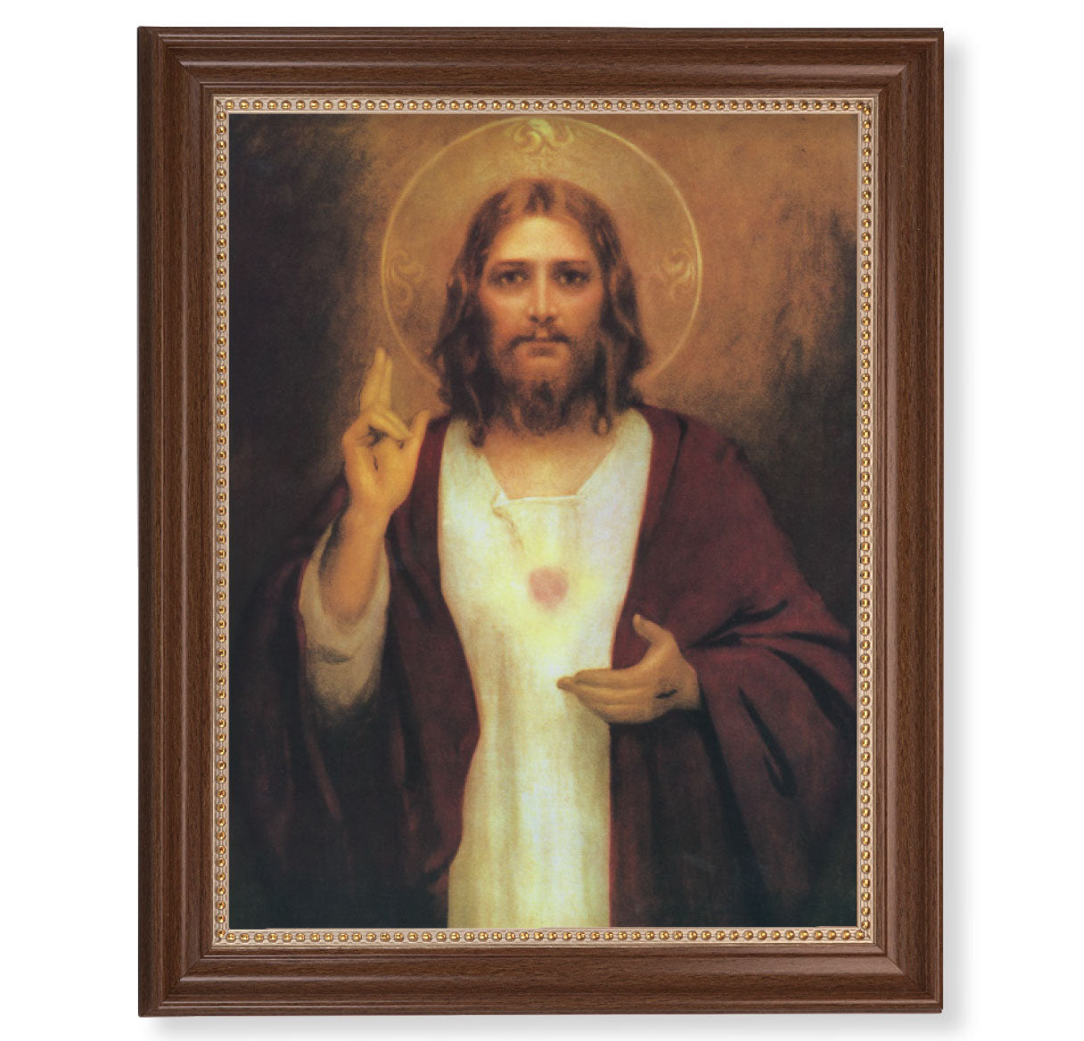 Sacred Heart of Jesus Picture Framed Wall Art Decor Extra Large Classic Dark Walnut Frame with Gold Beaded Lip