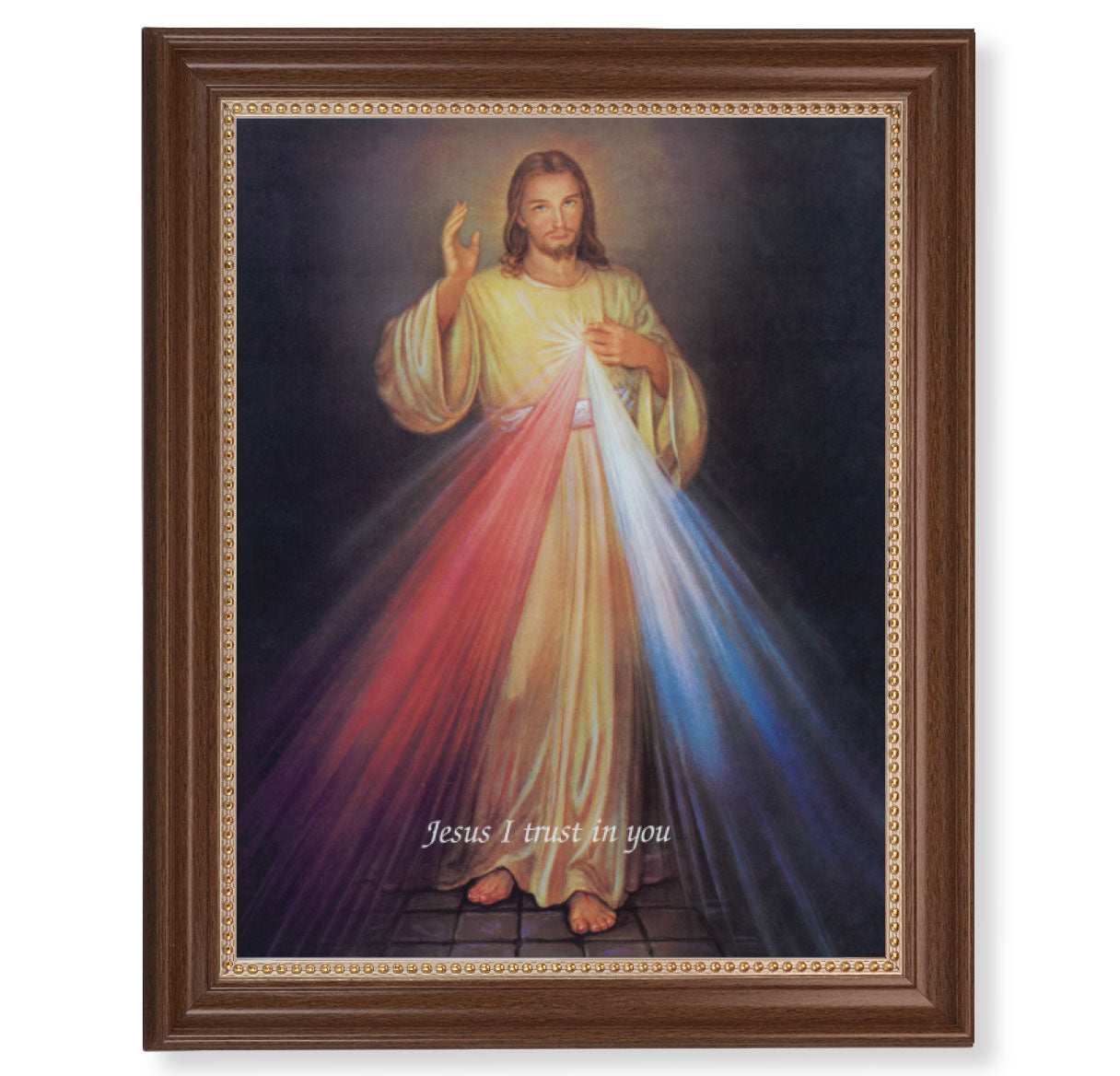 Divine Mercy Picture Framed Wall Art Decor, Extra Large, Classic Dark Walnut Finished Frame with Gold Beaded Lip
