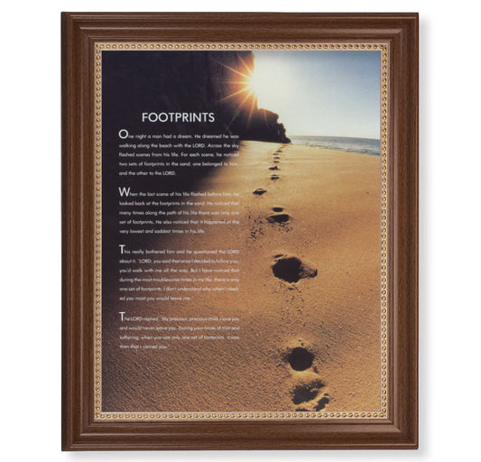 Footprints of Jesus Picture Framed Wall Art Decor Extra Large, Classic Dark Walnut Finished Frame with Gold Beaded Lip