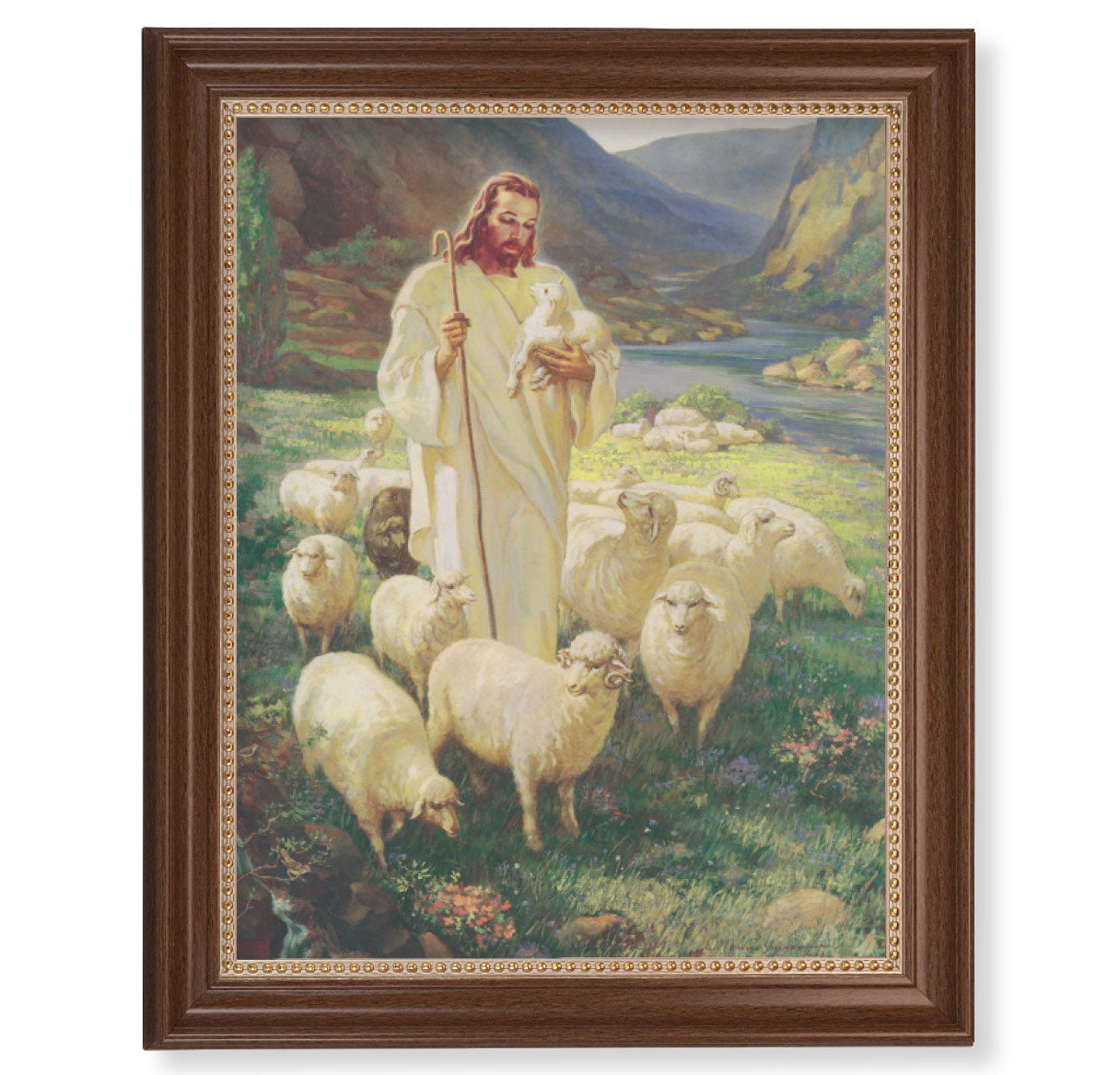 The Good Shepherd Picture Framed Wall Art Decor, Extra Large, Classic Dark Walnut Finished Frame with Gold Beaded Lip