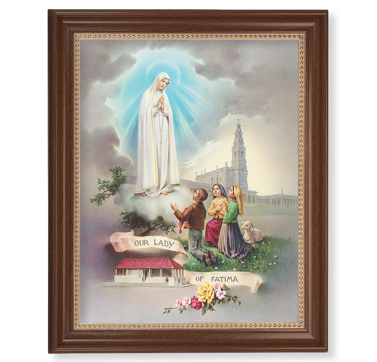 Our Lady of Fatima Picture Framed Wall Art Decor Extra Large, Classic Dark Walnut Finished Frame with Gold Beaded Lip