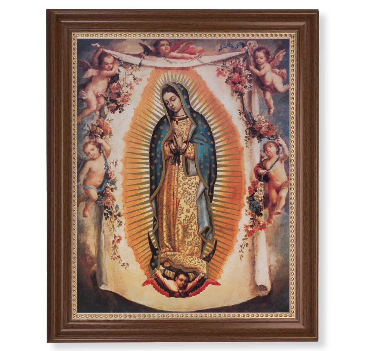 Our Lady of Guadalupe with Angels Picture Framed Wall Art Decor Extra Large, Classic Dark Walnut Finished Frame with Gold Beaded Lip