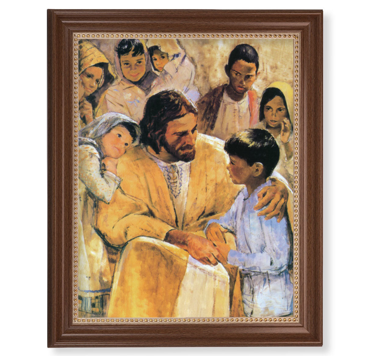 Christ with Children Picture Framed Wall Art Decor Extra Large, Classic Dark Walnut Finished Frame with Gold Beaded Lip