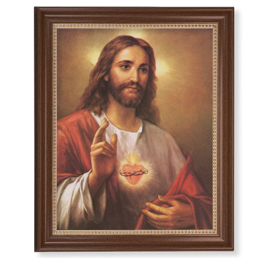 Sacred Heart of Jesus Picture Framed Wall Art Decor Extra Large Classic Dark Walnut Frame with Gold Beaded Lip