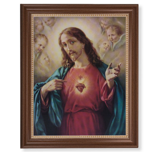 Sacred Heart of Jesus Picture Framed Wall Art Decor, Extra Large, Classic Dark Walnut Finished Frame with Gold Beaded Lip