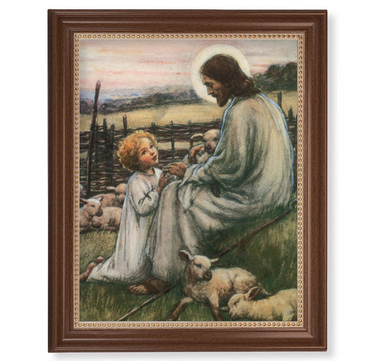 Jesus the Good Shepherd Picture Framed Wall Art Decor Extra Large, Classic Dark Walnut Finished Frame with Gold Beaded Lip