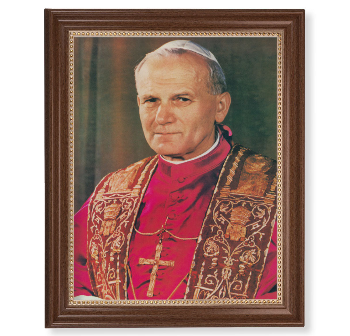 St. John Paul II Picture Framed Wall Art Decor Extra Large, Classic Dark Walnut Finished Frame with Gold Beaded Lip