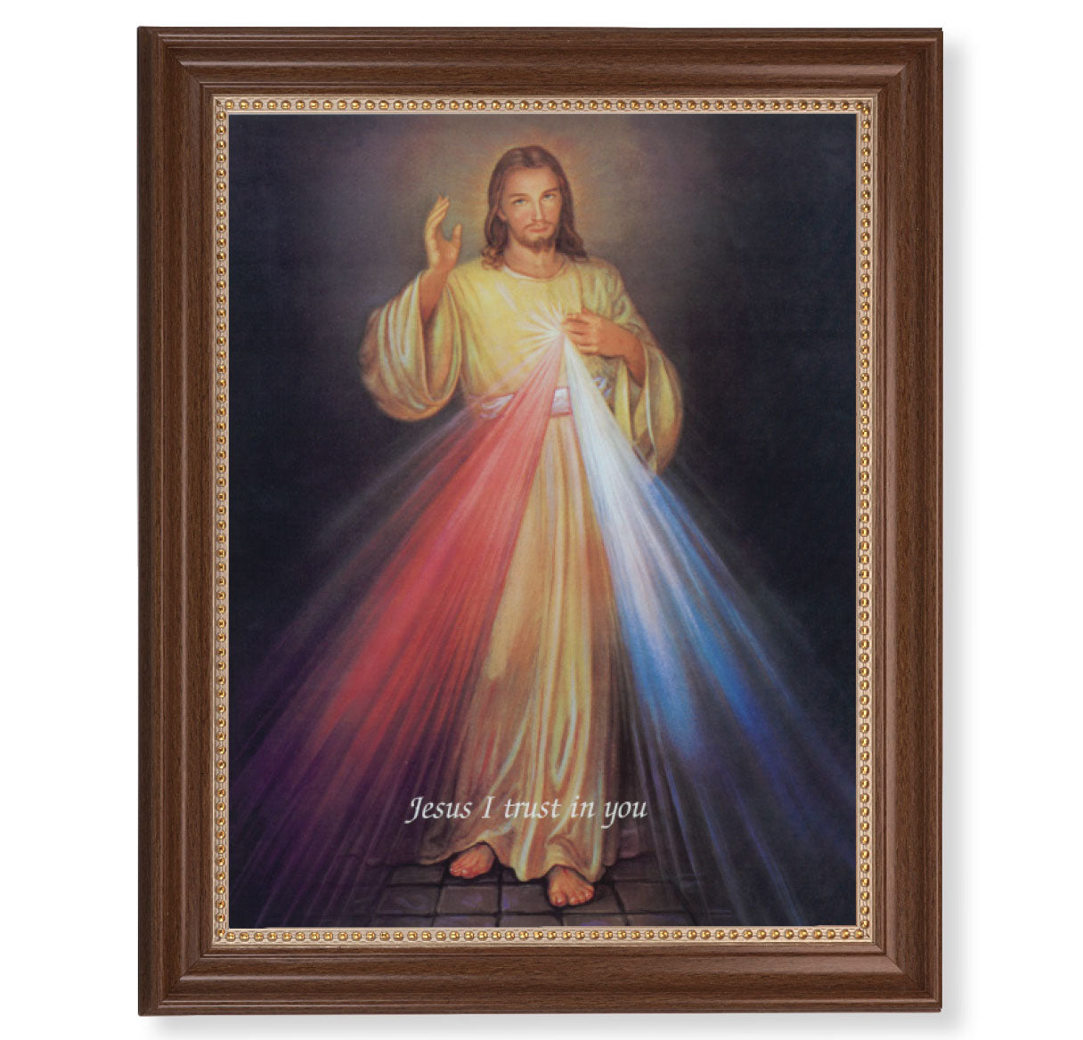 Divine Mercy Picture Framed Wall Art Decor, Extra Large, Classic Dark Walnut Finished Frame with Gold Beaded Lip