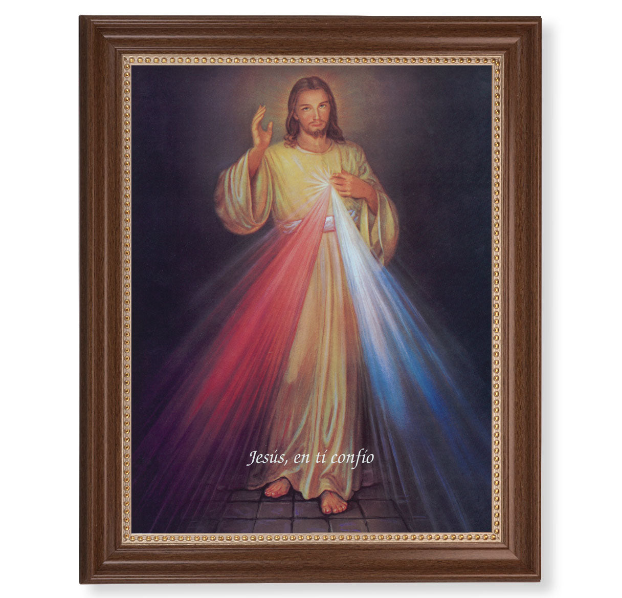Divine Mercy (Spanish)  Picture Framed Wall Art Decor Extra Large, Classic Dark Walnut Finished Frame with Gold Beaded Lip