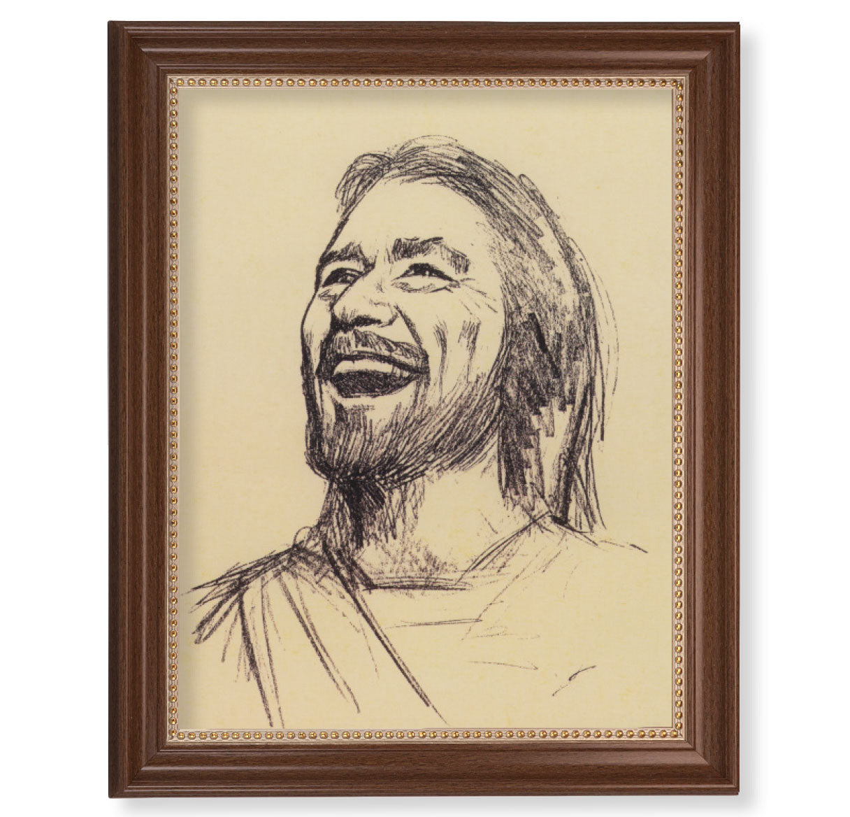 Laughing Christ Picture Framed Wall Art Decor Extra Large, Classic Dark Walnut Finished Frame with Gold Beaded Lip