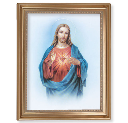 Sacred Heart of Jesus Picture Framed Wall Art Decor, Extra Large, Classic Gold-Leaf Fluted Frame with Beaded Lip