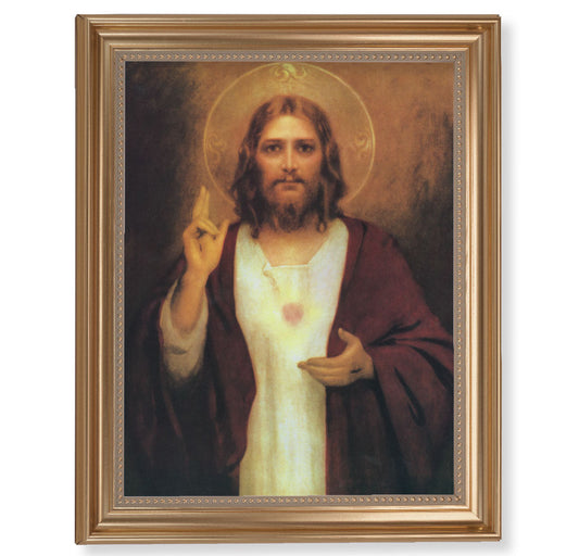 Sacred Heart of Jesus Picture Framed Wall Art Decor, Extra Large, Classic Gold-Leaf Fluted Frame with Beaded Lip