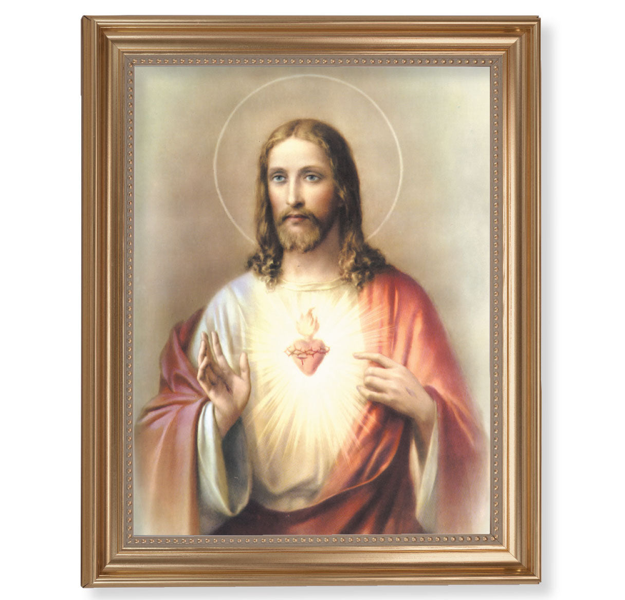 Sacred Heart of Jesus Picture Framed Wall Art Decor, Extra Large, Classic Gold-Leaf Fluted Frame with Beaded Lip