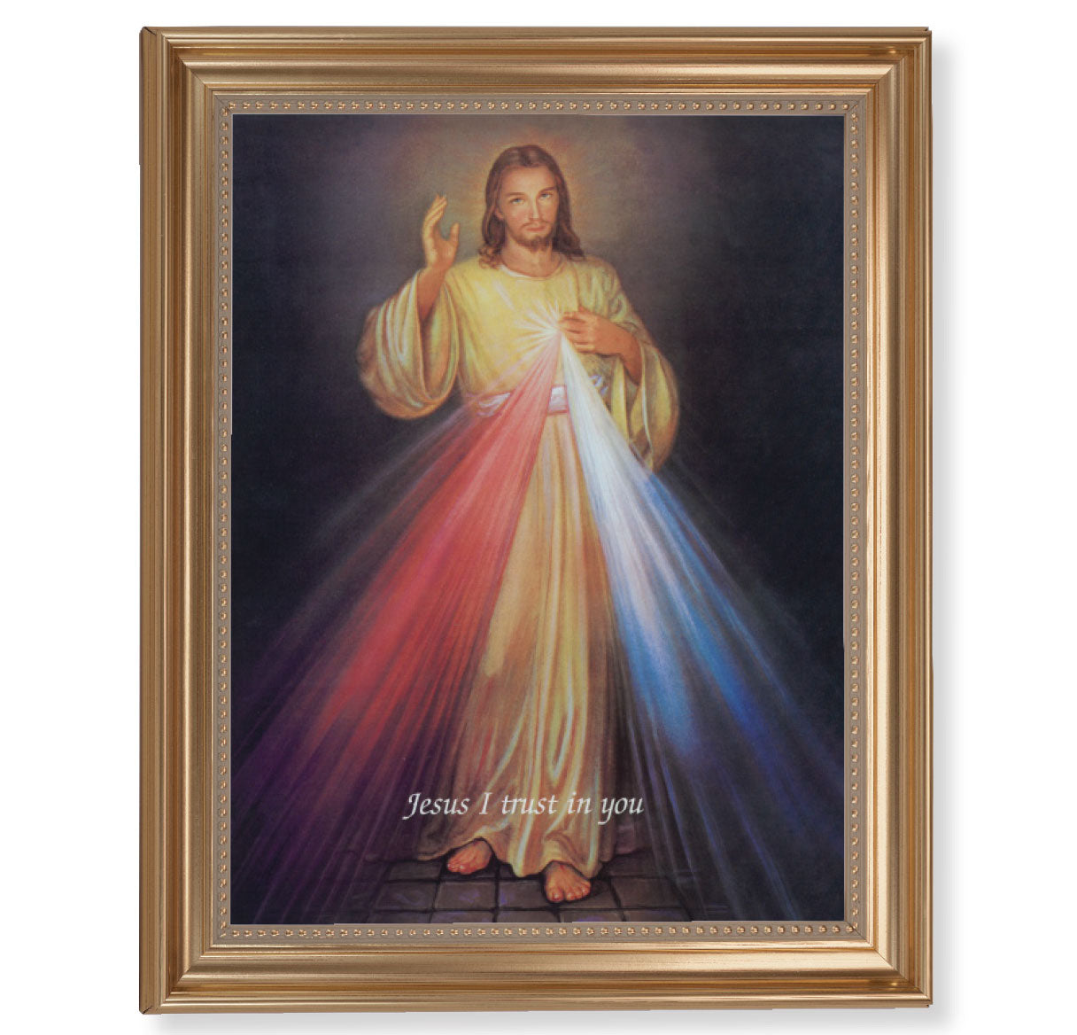 Divine Mercy Picture Framed Wall Art Decor, Extra Large, Classic Gold-Leaf Fluted Frame with Beaded Lip