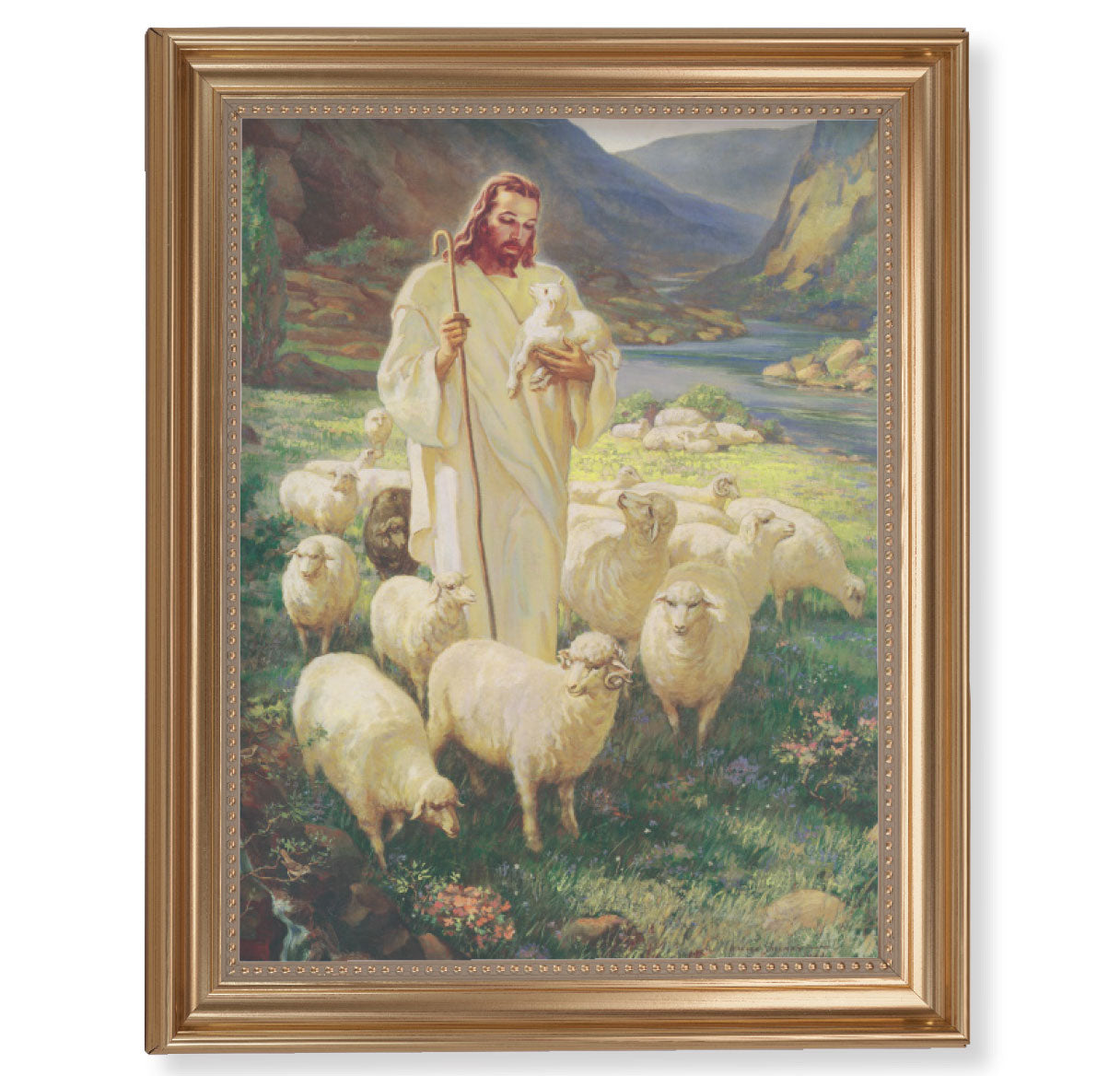 Good Shepherd Picture Framed Wall Art Decor Extra Large, Classic Gold-Leaf Fluted Frame with Beaded Lip
