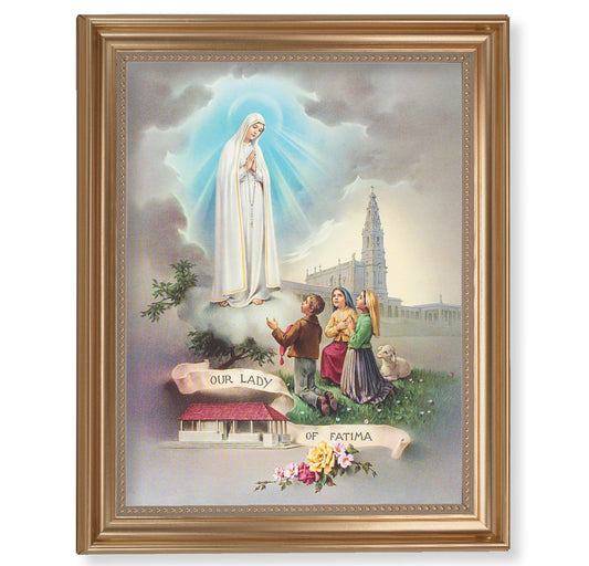 Our Lady of Fatima Picture Framed Wall Art Decor Extra Large, Classic Gold-Leaf Fluted Frame with Beaded Lip
