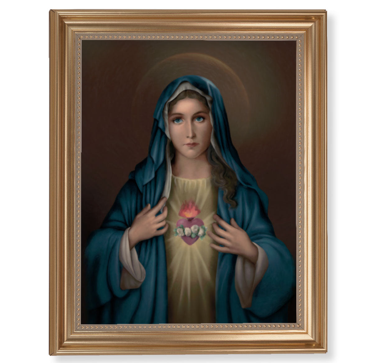 Immaculate Heart of Mary Picture Framed Wall Art Decor, Extra Large, Classic Gold-Leaf Fluted Frame with Beaded Lip