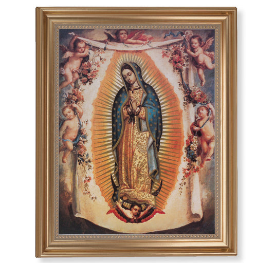 Our Lady of Guadalupe with Angels Picture Framed Wall Art Decor Extra Large, Classic Gold-Leaf Fluted Frame with Beaded Lip