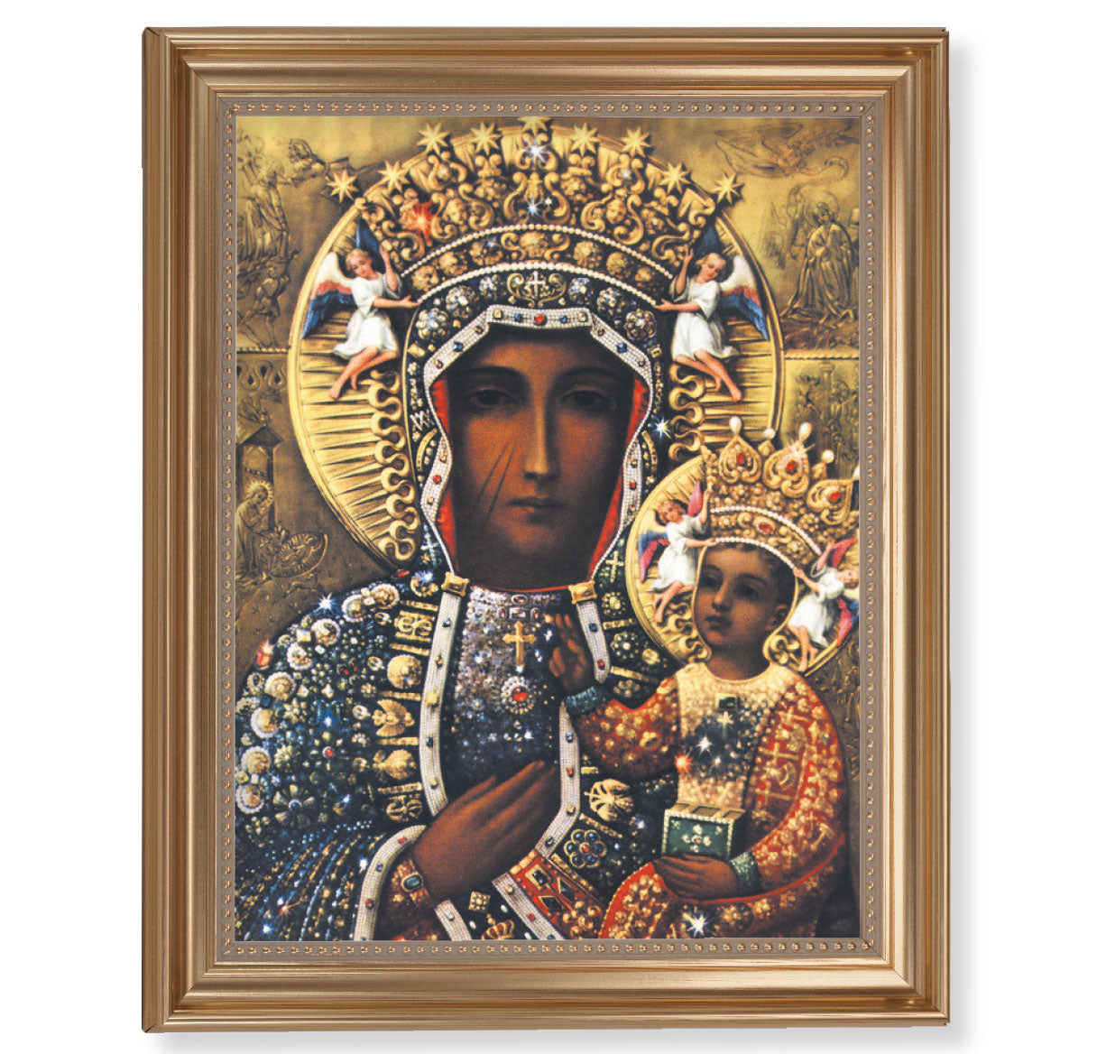 Our Lady of Czestochowa Picture Framed Wall Art Decor Extra Large, Classic Gold-Leaf Fluted Frame with Beaded Lip