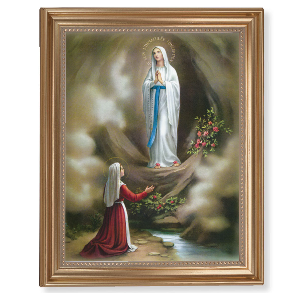 Our Lady of Lourdes of Jesus Picture Framed Wall Art Decor Extra Large, Classic Gold-Leaf Fluted Frame with Beaded Lip