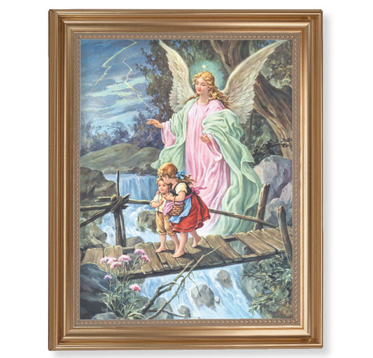 Guardian Angel Picture Framed Wall Art Decor Extra Large, Classic Gold-Leaf Fluted Frame with Beaded Lip