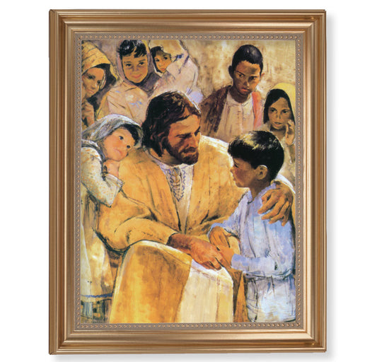 Christ with Children Picture Framed Wall Art Decor Extra Large, Classic Gold-Leaf Fluted Frame with Beaded Lip