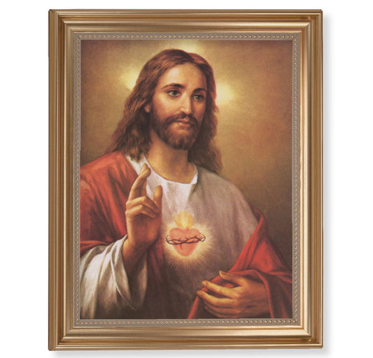 Sacred Heart of Jesus Picture Framed Wall Art Decor, Extra Large, Classic Gold-Leaf Fluted Frame with Beaded Lip