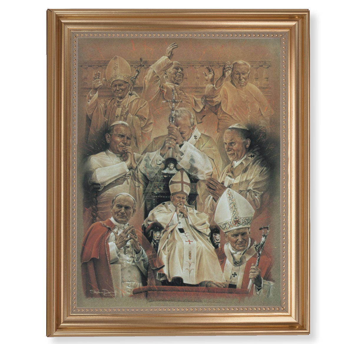 St. John Paul II Collage Picture Framed Wall Art Decor Extra Large, Classic Gold-Leaf Fluted Frame with Beaded Lip