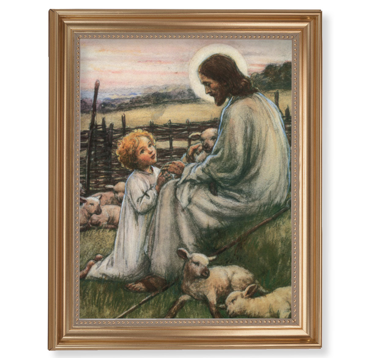 Jesus the Good Shepherd Picture Framed Wall Art Decor Extra Large, Classic Gold-Leaf Fluted Frame with Beaded Lip