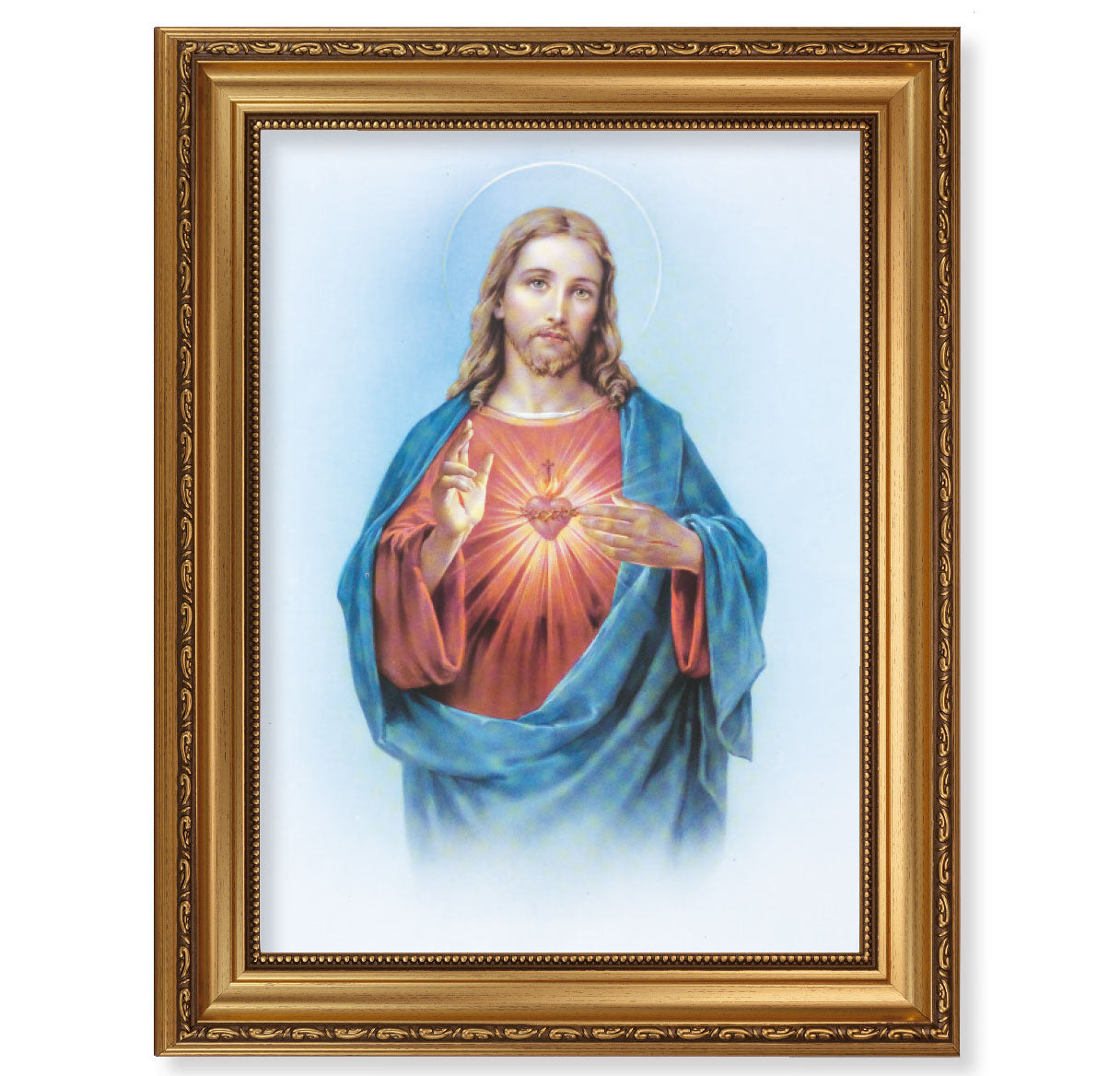 Sacred Heart of Jesus Antique Picture Framed Wall Art Decor, Extra Large, Antique Gold-Leaf Frame with Acanthus-Leaf Trim and Beaded Lip
