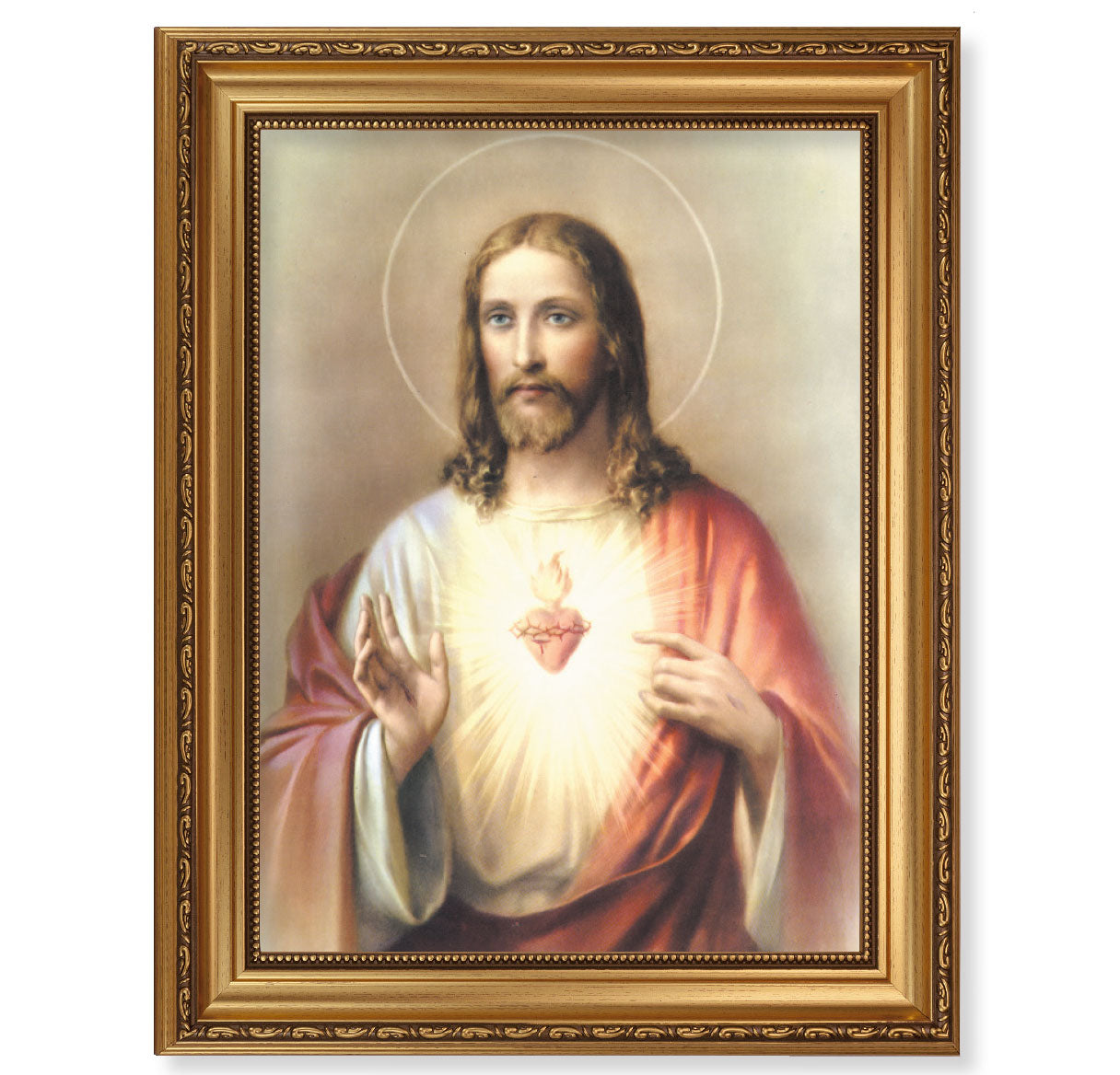 Sacred Heart of Jesus Antique Picture Framed Wall Art Decor, Extra Large, Antique Gold-Leaf Frame with Acanthus-Leaf Trim and Beaded Lip