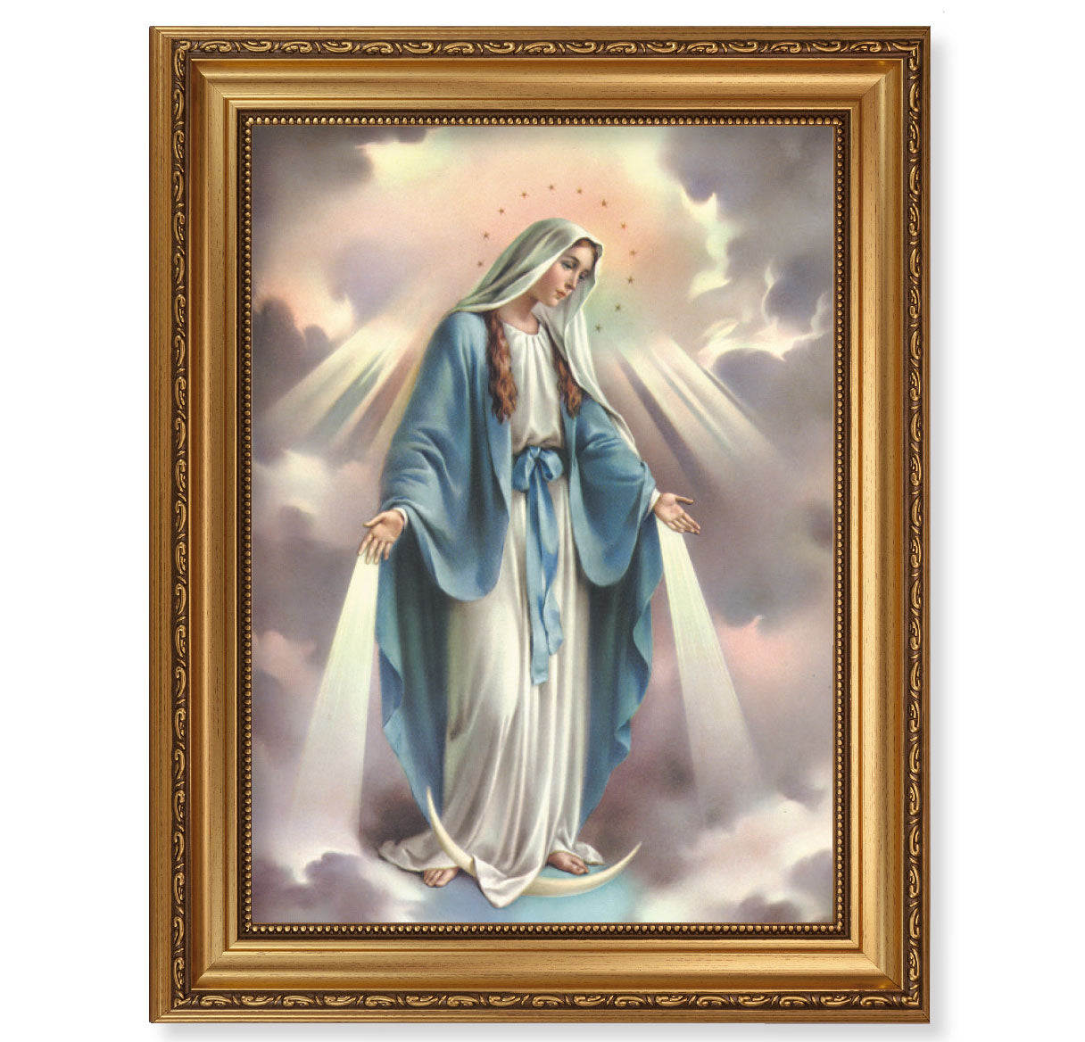 Our Lady of Grace Antique Picture Framed Wall Art Decor, Extra Large, Antique Gold-Leaf Frame with Acanthus-Leaf Trim and Beaded Lip